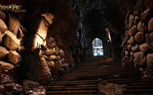 HD wallpaper of The Bard's Tale IV: Barrows Deep, featuring a dimly lit stone passage leading to a bright gate.