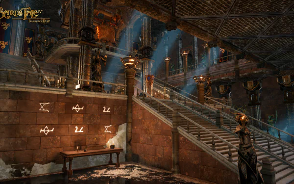 HD wallpaper from The Bard's Tale IV: Barrows Deep featuring an intricate dungeon interior with glowing runes and staircases.