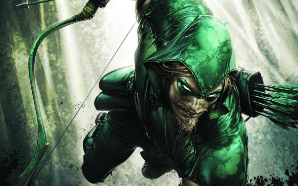 HD PC desktop wallpaper featuring a dynamic comic-style Green Arrow aiming his bow in a dark, intense forest setting.