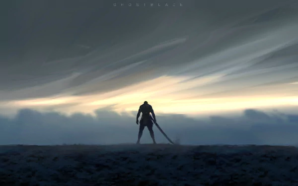 HD PC desktop wallpaper featuring a lone warrior from the comic GhostBlade standing with a large sword under a dramatic, cloudy sky at dusk.