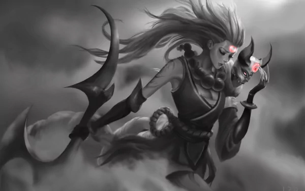 HD desktop wallpaper of Diana from League of Legends, depicted in a dynamic pose with glowing eyes and crescent-themed armor against a smoky background.