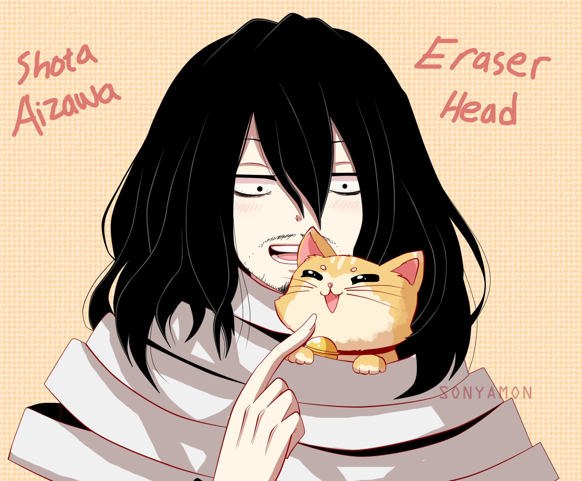 HD anime wallpaper featuring Shouta Aizawa from My Hero Academia holding a small, smiling Shiba Inu dog against a light, checkered background.