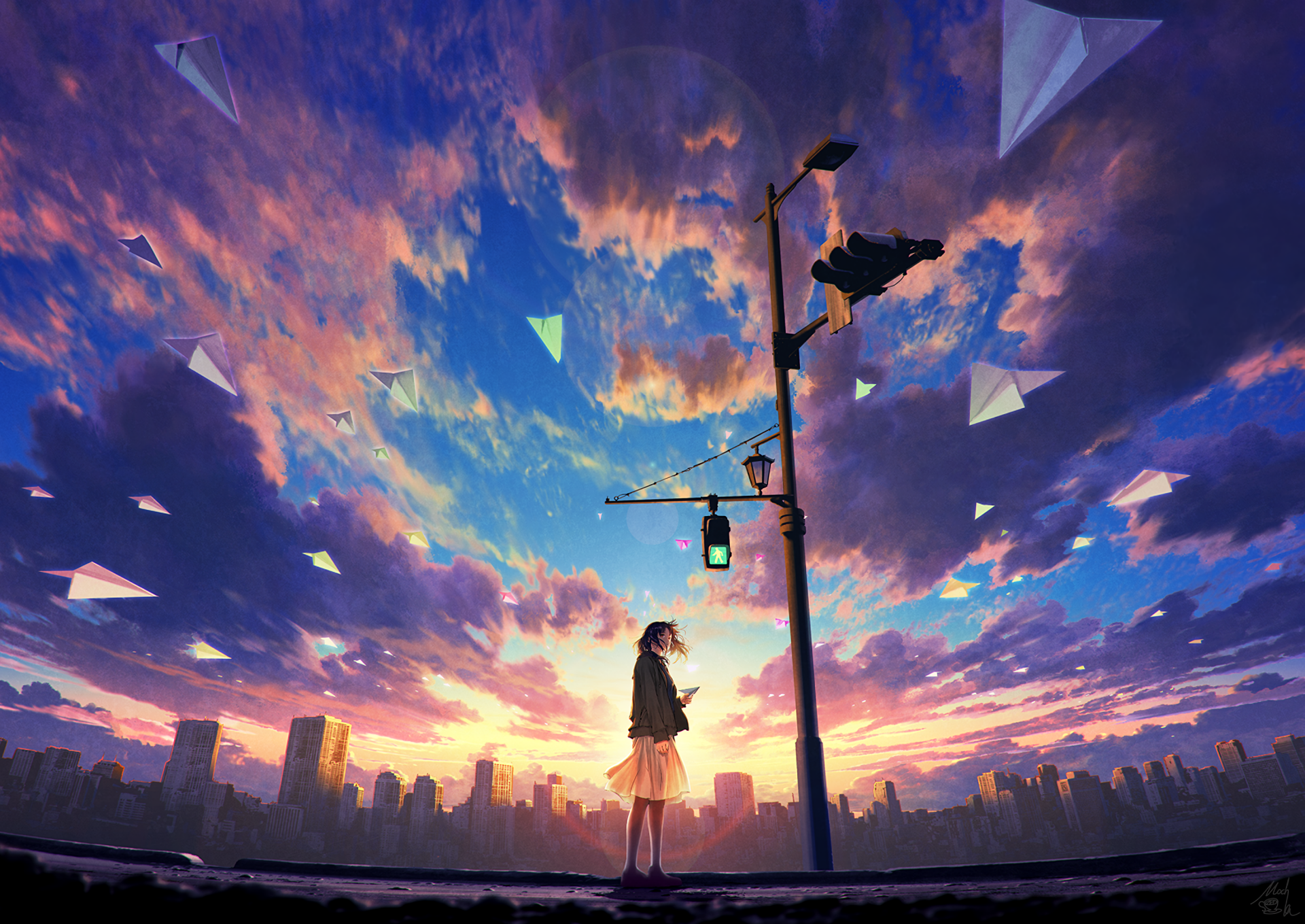 Anime-style artwork depicting a city at dawn with a traffic light and a lone figure standing under a sky filled with paper planes, against a spectacular sunrise backdrop. HD wallpaper and background.