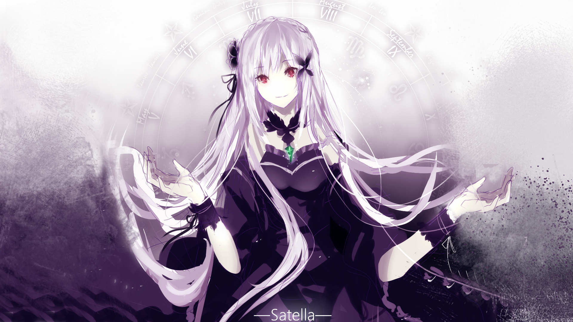 HD PC desktop wallpaper featuring Satella from the anime Re:Zero - Starting Life in Another World, showcasing her ethereal presence with long silver hair and a dark outfit.