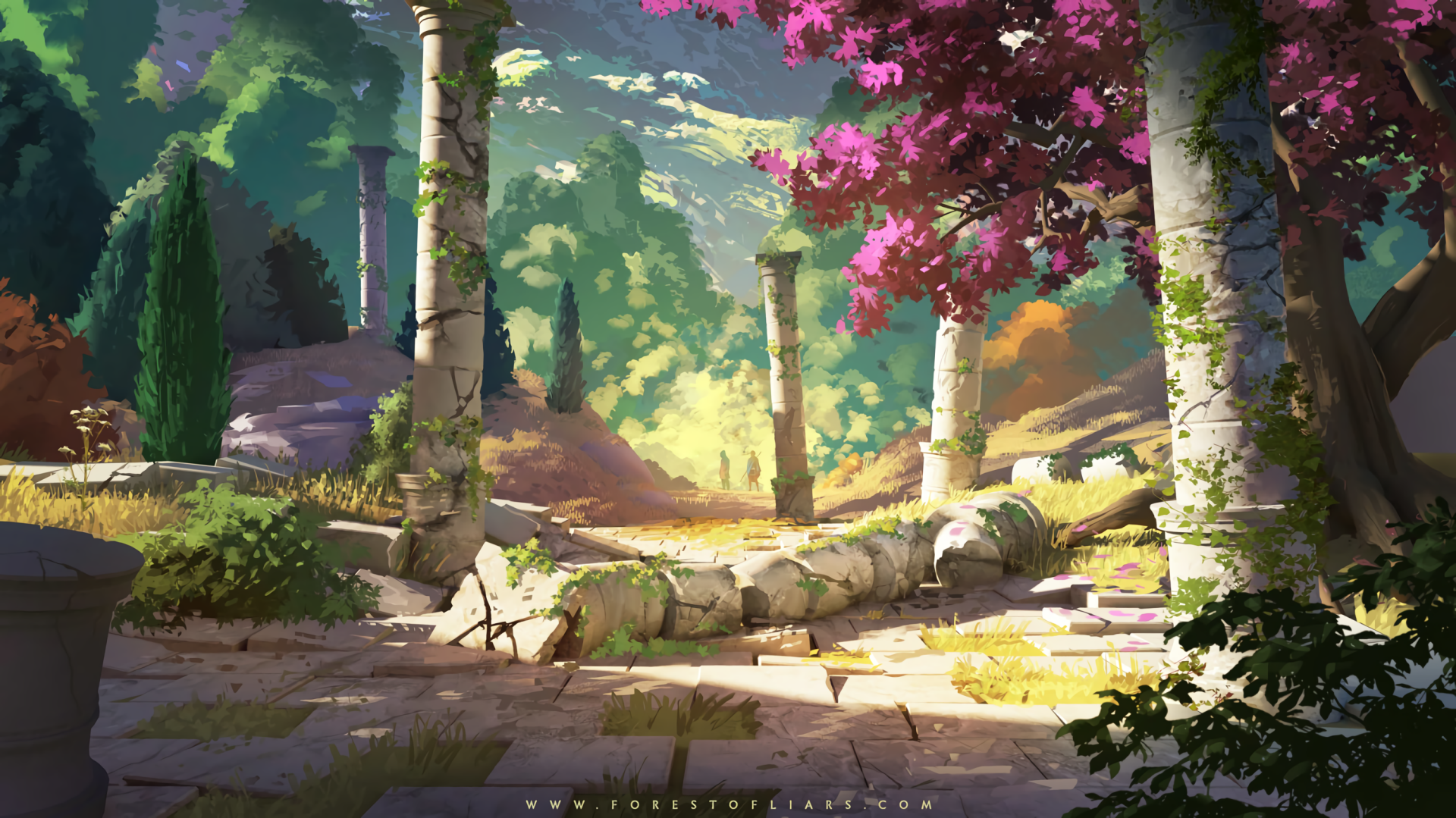 HD fantasy desktop wallpaper depicting ancient ruins bathed in sunlight, surrounded by vibrant pink blossoms and lush greenery in a serene, mystical landscape.