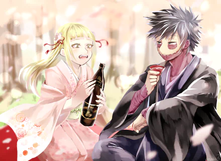 HD PC desktop wallpaper featuring anime characters Himiko Toga and Dabi from My Hero Academia, depicted in a soft, pastel-toned outdoor setting.