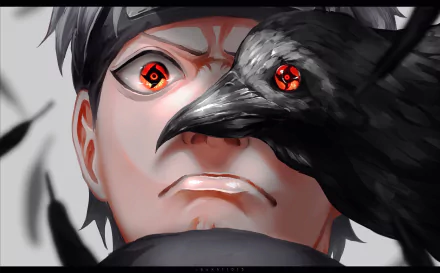 HD anime wallpaper featuring Shisui Uchiha with Mangekyō Sharingan eyes, accompanied by a crow showcasing the Sharingan from Naruto.