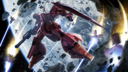 MSN-04 Sazabi mecha, anime Gundam: red mobile suit firing beam weapons amid debris and a shattered moon — HD PC desktop wallpaper/background.