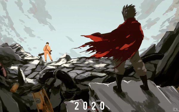 HD anime wallpaper featuring Shotaro Kaneda and Tetsuo Shima from Akira, set against a dramatic rocky landscape with a cloudy sky.