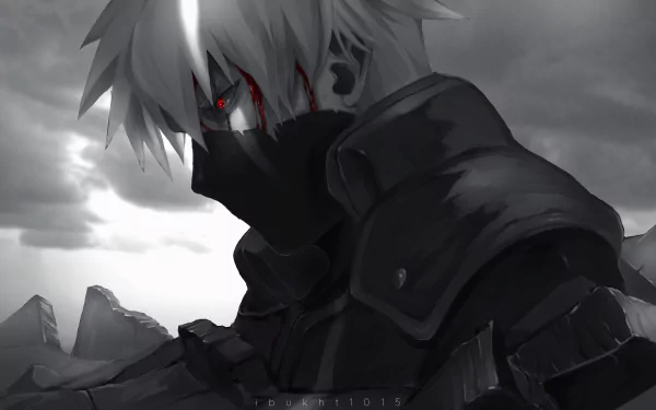 HD desktop wallpaper featuring Kakashi Hatake from the anime Naruto, showcasing his somber expression amidst a dark, cloudy background with mountains in the distance.