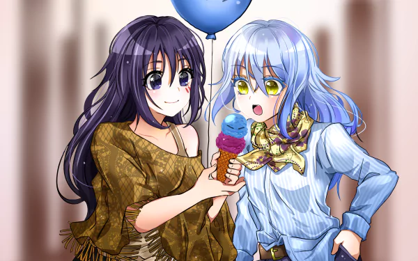 HD desktop wallpaper featuring Shizue Izawa and Rimuru Tempest from the anime That Time I Got Reincarnated as a Slime, sharing a colorful ice cream cone.