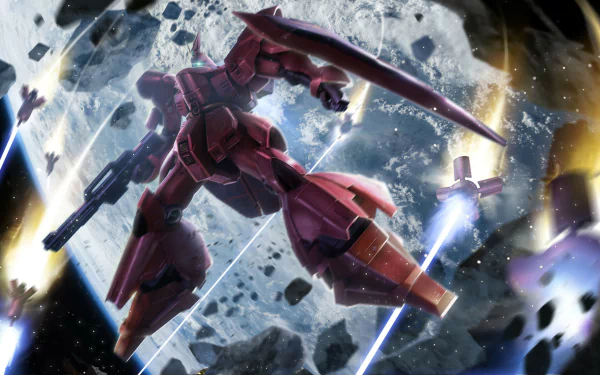 MSN-04 Sazabi mecha, anime Gundam: red mobile suit firing beam weapons amid debris and a shattered moon — HD PC desktop wallpaper/background.