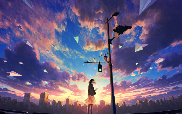 Anime Original Sky Paper Plane Traffic Light City Dawn HD Wallpaper | Background Image