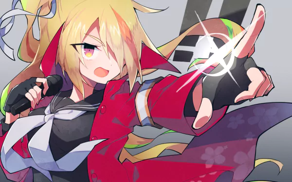 HD PC desktop wallpaper featuring Saki Nikaidou from the anime Zombie Land Saga, depicted in dynamic pose with vibrant colors and energetic expression.