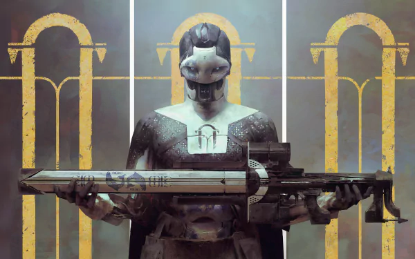 Ada-1 (Destiny) from the video game Destiny 2: armored Exo holding a heavy weapon before three gold arches — 5K Ultra HD PC desktop wallpaper/background