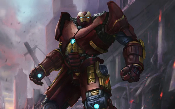 HD comic-style desktop wallpaper featuring Hulkbuster armor from Iron Man standing in a battle-damaged urban setting.