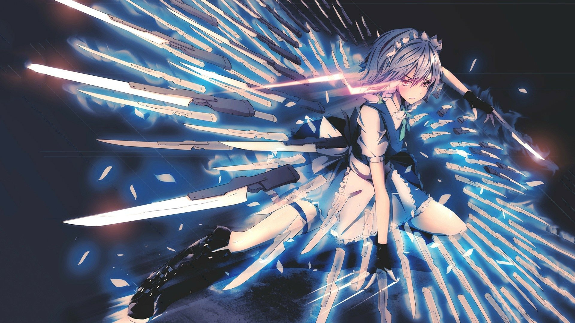 HD anime desktop wallpaper featuring Sakuya Izayoi, a character from Touhou, with grey hair and a maid outfit, dynamically posing with a knife amidst a striking display of flying blades.