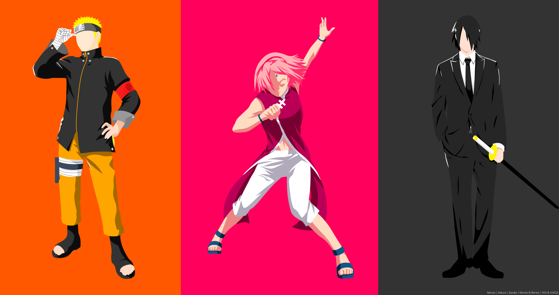 Minimalist 8K anime wallpaper featuring Naruto Uzumaki, Sakura Haruno, and Sasuke Uchiha in suits and iconic poses with vibrant orange, pink, and black backgrounds.