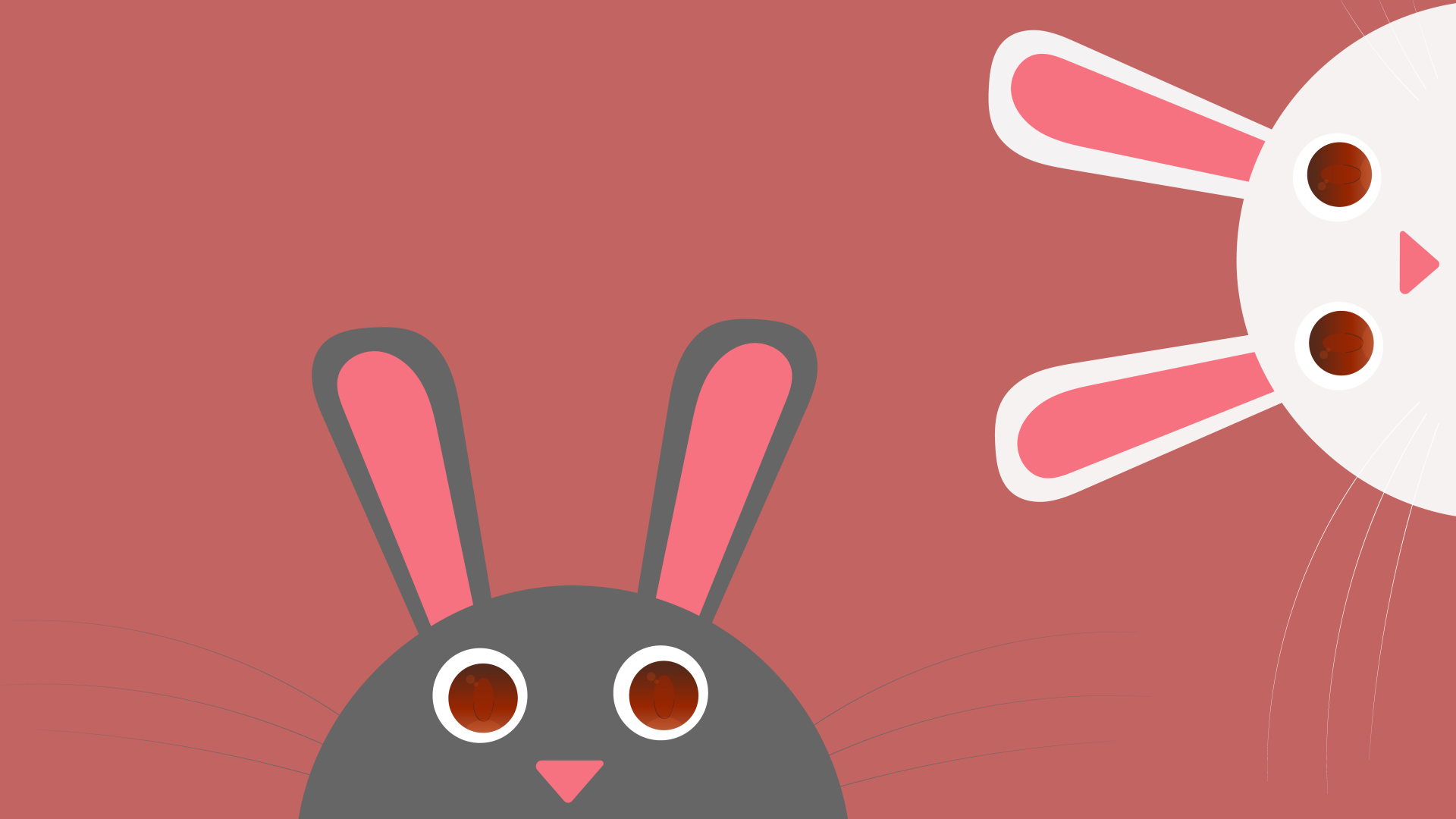 Artistic rabbit animal 8K Ultra HD PC desktop wallpaper: two stylized bunnies—gray with pink ears and white—peeking from opposite corners on a warm terracotta background.