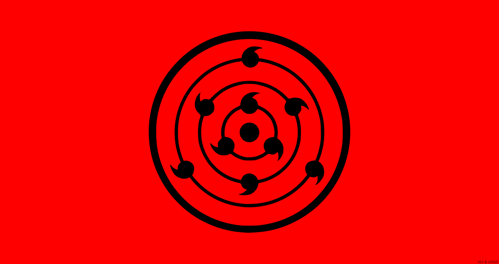Minimalist anime 8K Ultra HD PC desktop wallpaper: bold red background featuring black Rinne Sharingan (Sharingan, Naruto) emblem centered.