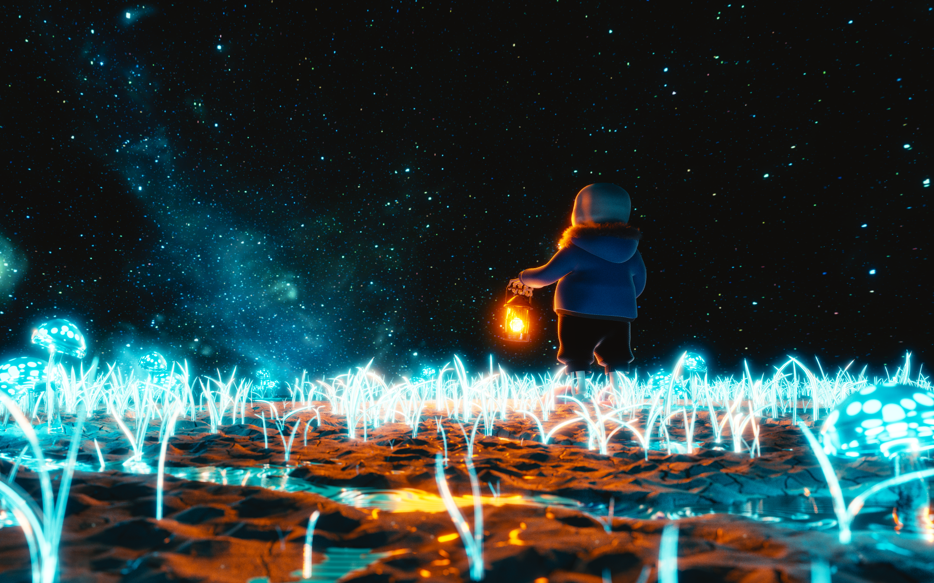 A 4K Ultra HD PC desktop wallpaper featuring Sans from the video game Undertale standing in a glowing field under a starry night sky.