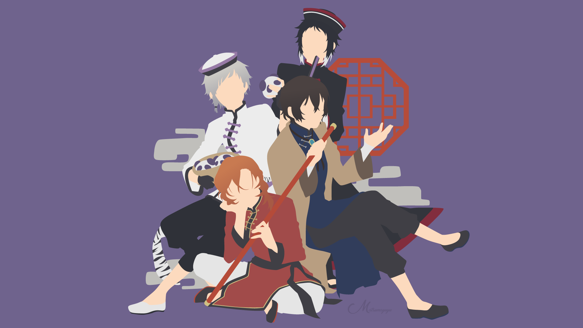 HD PC desktop wallpaper of Bungou Stray Dogs anime: Ranpo Edogawa, Chuuya Nakahara, Atsushi Nakajima and Osamu Dazai posing together on a purple background.