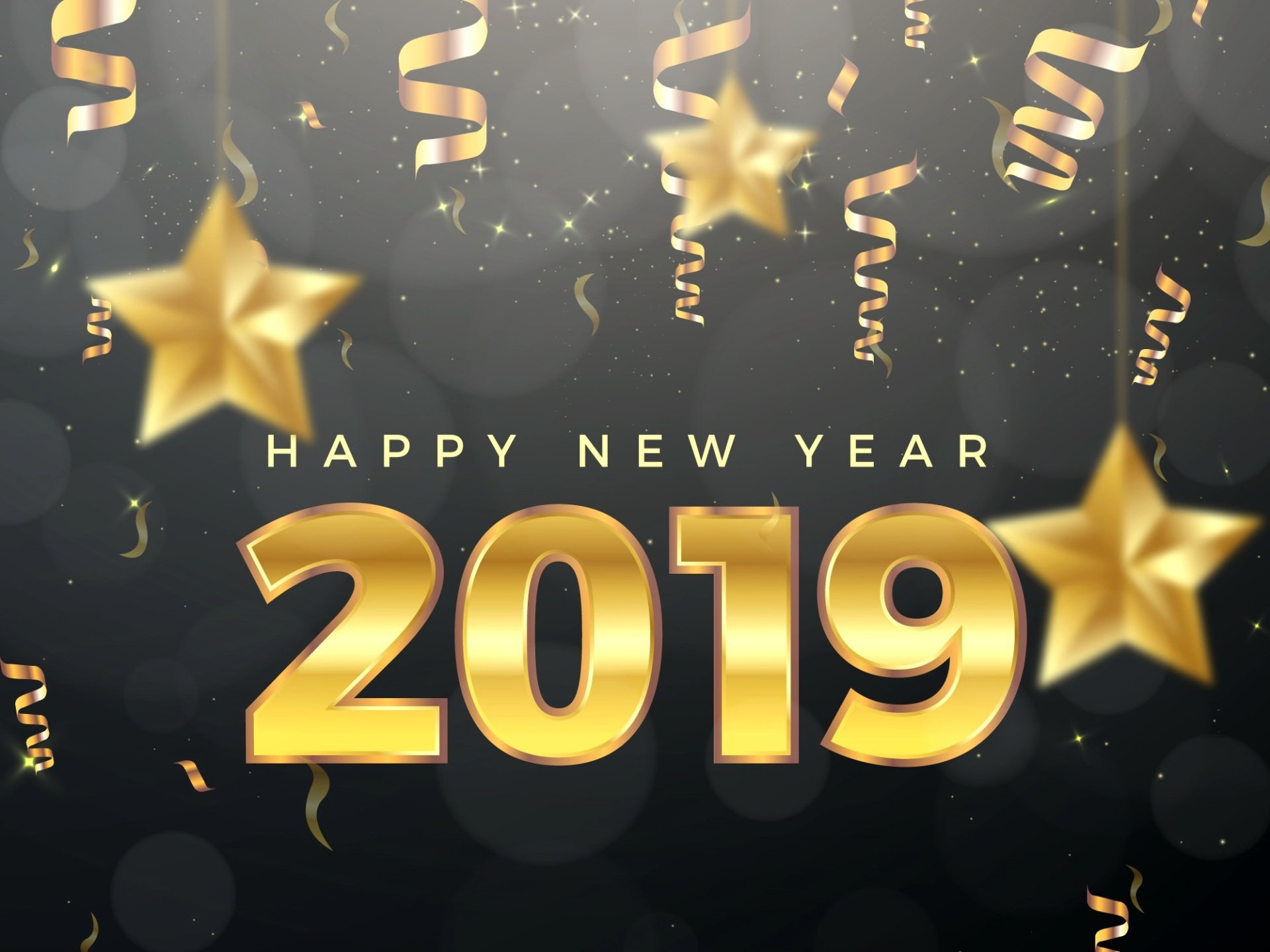 HD PC desktop wallpaper: golden HAPPY NEW YEAR 2019 text with hanging stars and gold confetti on a dark holiday background.