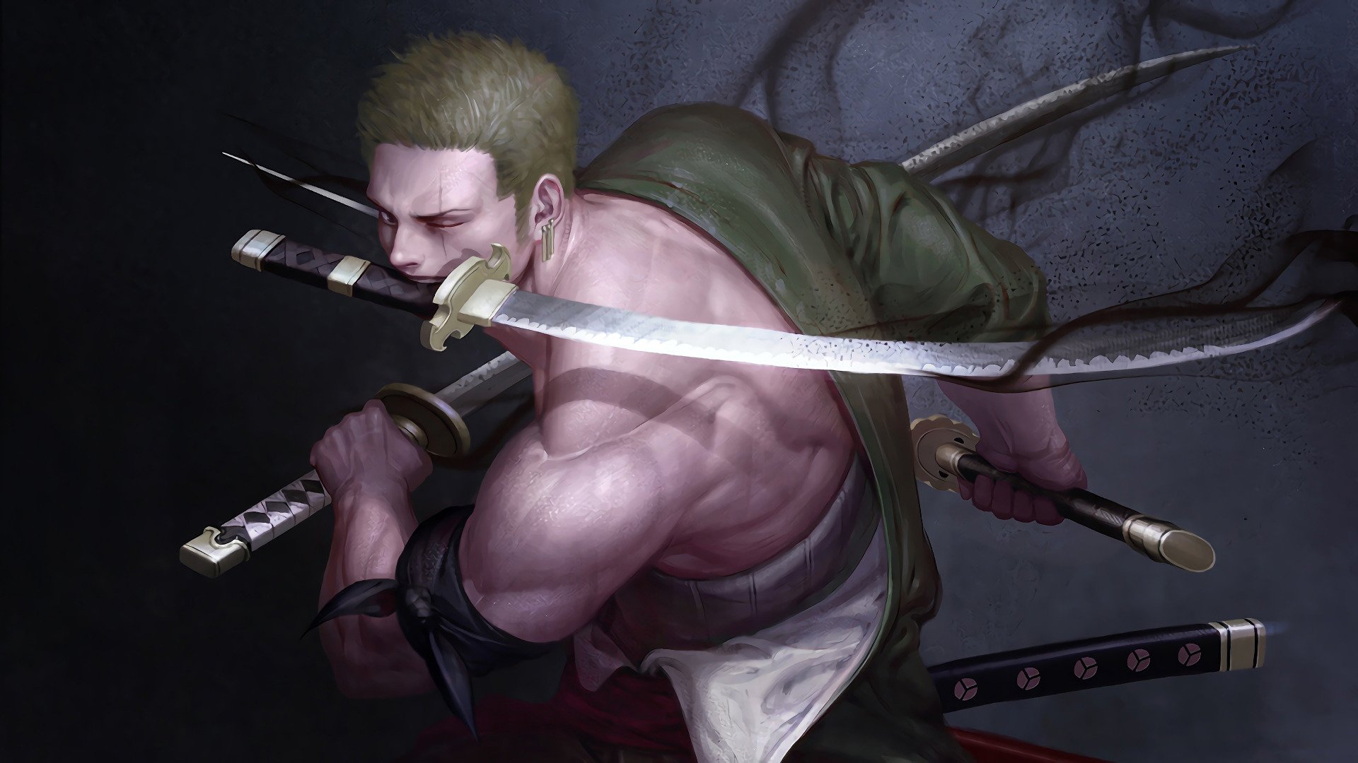 HD PC desktop wallpaper of Roronoa Zoro (One Piece) — muscular anime swordsman wielding three katanas, one held in his mouth, poised for attack against a dark, textured background.