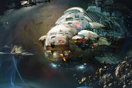 HD desktop wallpaper featuring a detailed Sci-Fi spaceship navigating through a dark, asteroid-filled space scene.