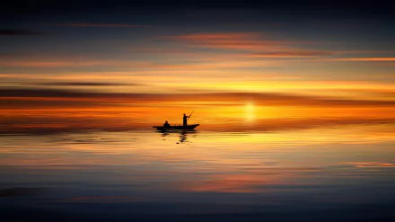 Artistic 4K Ultra HD desktop wallpaper depicting a serene sunset with two people fishing on a boat, reflected on calm waters.