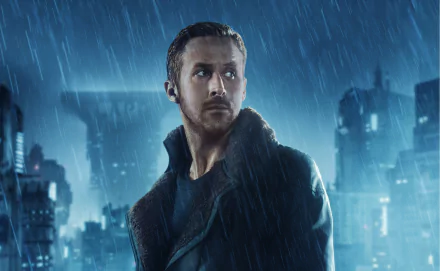 Officer K, played by Ryan Gosling in Blade Runner 2049, stands under the rain with a futuristic cityscape behind him in this 4K Ultra HD PC desktop wallpaper.
