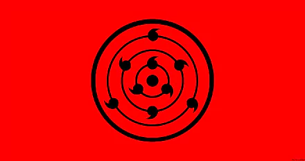 Minimalist anime 8K Ultra HD PC desktop wallpaper: bold red background featuring black Rinne Sharingan (Sharingan, Naruto) emblem centered.