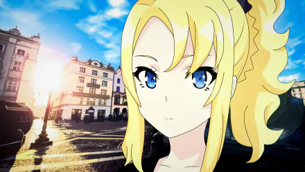 HD desktop wallpaper featuring Nodoka Toyohama from Rascal Does Not Dream of Bunny Girl Senpai. The character has blonde hair and blue eyes, with a cityscape background under a clear, sunny sky.