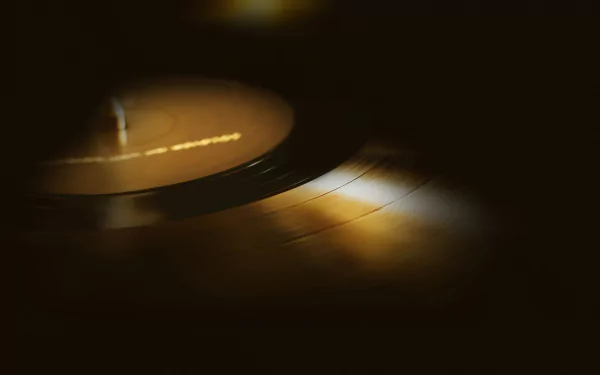 Close-up vinyl record on a turntable with warm golden reflections and deep shadows — moody 2K Quad HD PC desktop wallpaper background capturing analog music.