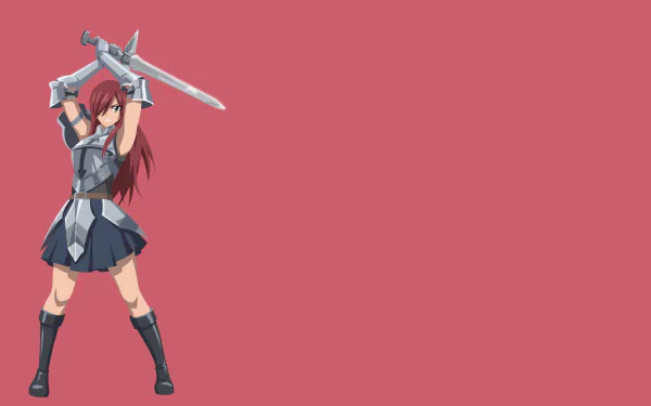 Erza Scarlet from Fairy Tail anime, wielding a sword in battle stance, set against a solid red background, rendered in 4K Ultra HD for a PC desktop wallpaper.
