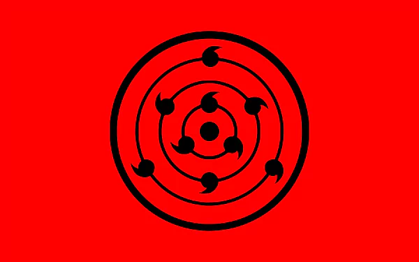 Minimalist anime 8K Ultra HD PC desktop wallpaper: bold red background featuring black Rinne Sharingan (Sharingan, Naruto) emblem centered.