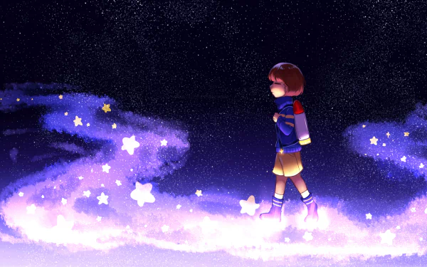 4K Ultra HD desktop wallpaper of Frisk from the video game Undertale, walking through a glowing starry path under a dark, star-filled sky.