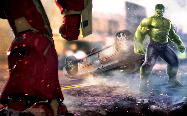 Hulk confronts the Hulkbuster amid a wrecked city street with an overturned car — action scene from the movie Avengers: Age of Ultron, 5K Ultra HD PC desktop wallpaper/background.