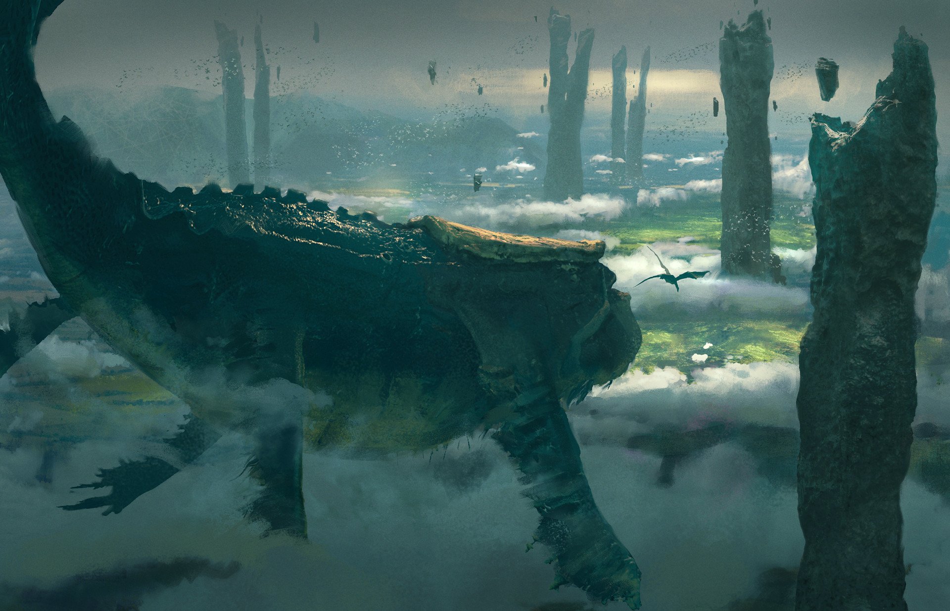 HD desktop wallpaper from The Legend of Zelda: Skyward Sword depicting a fantasy landscape with a gigantic whale-like creature soaring through the sky amid towering pillars and lush greenery.