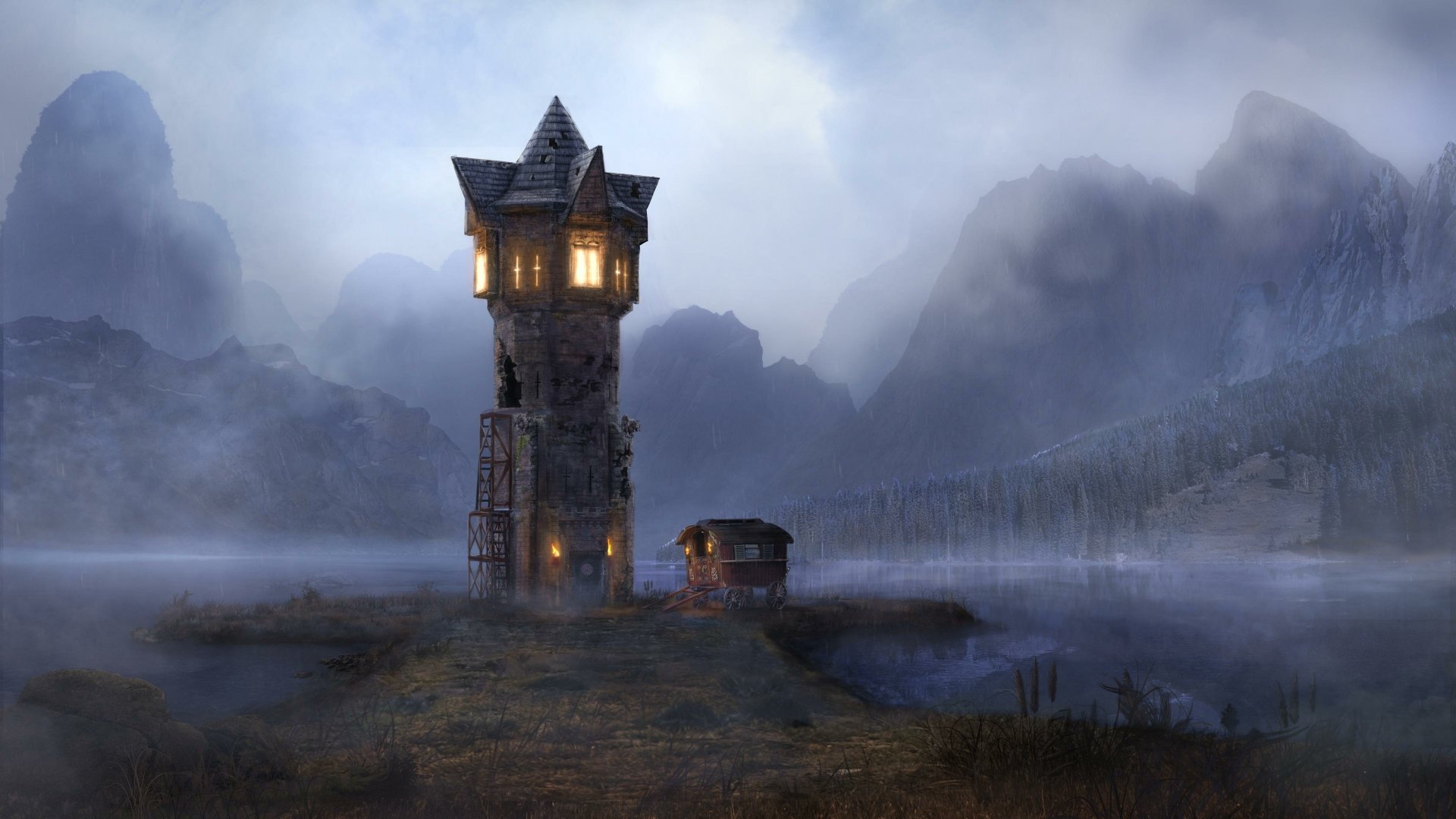 A mystical fantasy building stands illuminated amidst misty mountains, captured in stunning 4K Ultra HD detail as a PC desktop wallpaper.