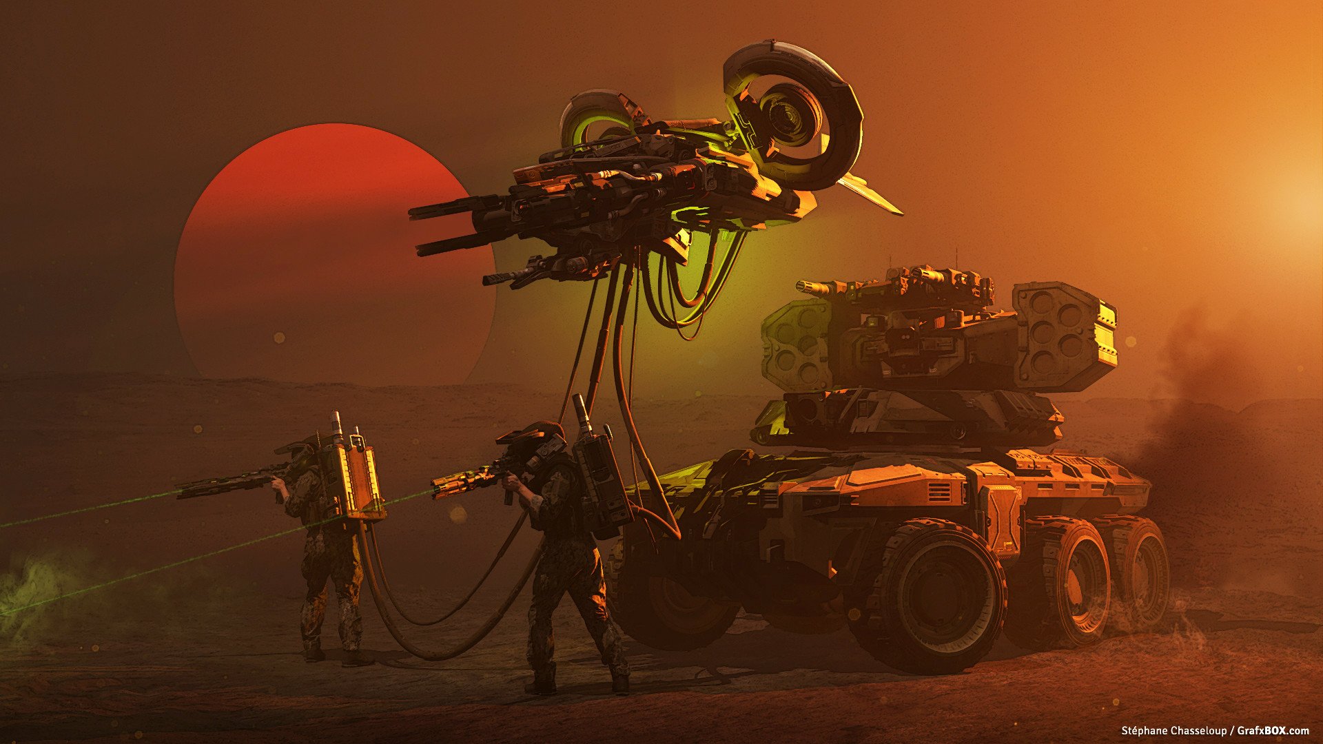 HD PC desktop wallpaper/background: Sci‑Fi exploration scene of an astronaut tethered by cables to a heavy rover on a dusty, sunlit alien plain.