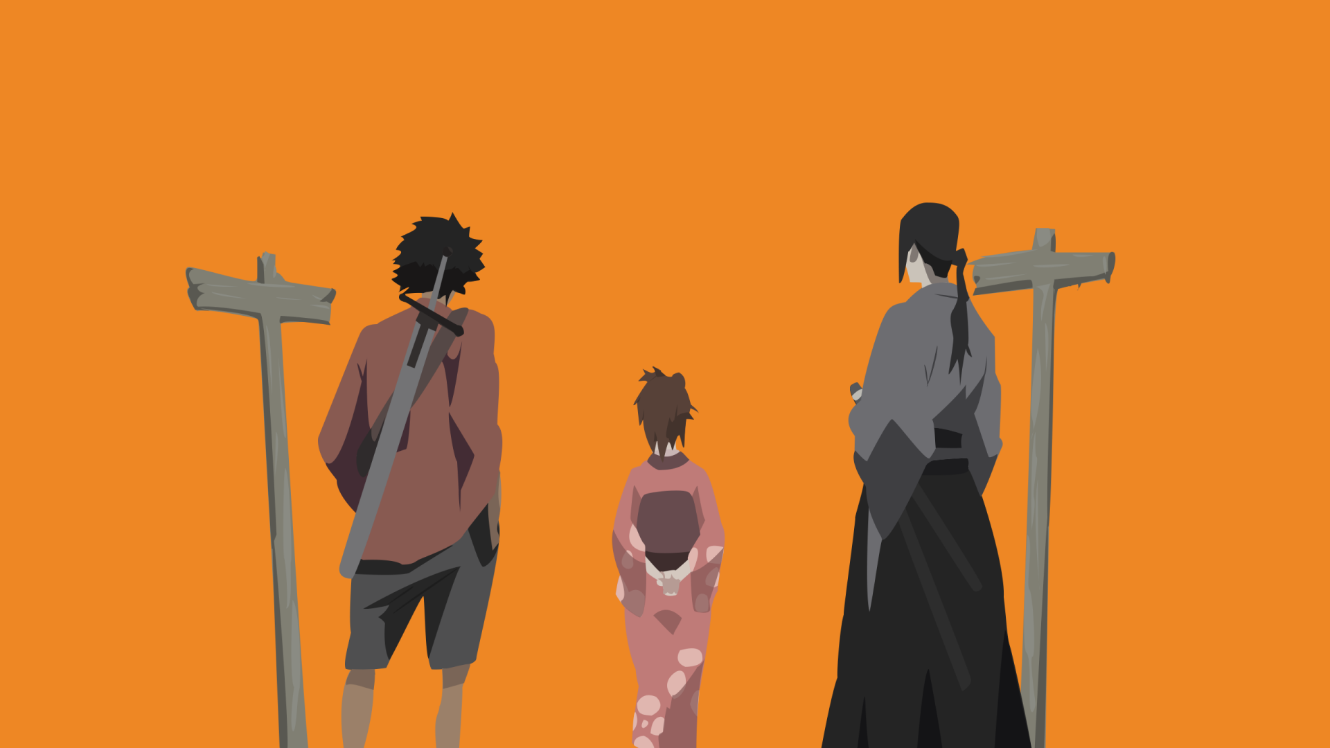 Anime — Samurai Champloo 2K Quad HD PC wallpaper/background: three figures (two samurai, one woman in kimono) seen from behind against a vivid orange backdrop.