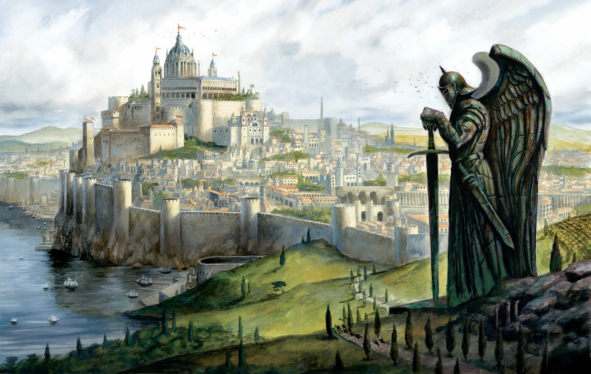 HD desktop wallpaper depicting a fantasy city with a majestic castle in the background and a towering winged statue holding a sword overlooking the scenery.
