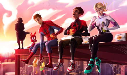HD desktop wallpaper featuring Peter Parker, Spider-Man Noir, Spider-Ham, Spider-Gwen, and Miles Morales from Spider-Man: Into The Spider-Verse, sitting on a skyscraper ledge against a sunset background.