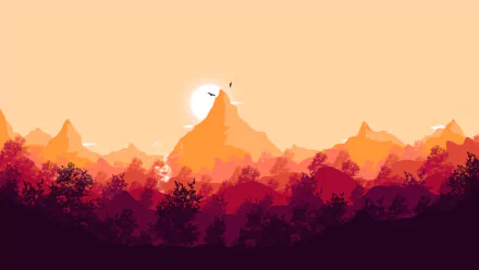 HD artistic desktop wallpaper depicting layered mountain silhouettes in warm orange and red tones with a bright sun and birds flying above.
