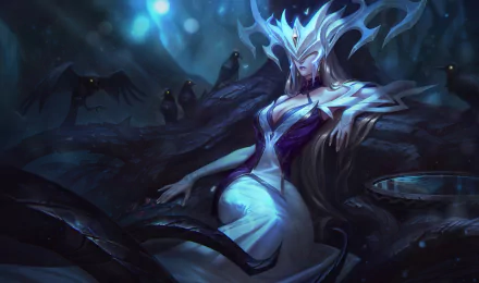 HD desktop wallpaper featuring Lissandra from League of Legends, engulfed in a dark, mystical forest with glowing eyes in the background.