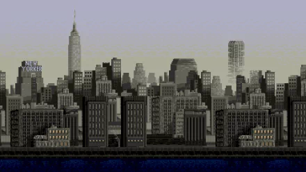 HD PC desktop wallpaper featuring an 8-bit pixel art cityscape of New York with the Empire State Building and surrounding buildings in grayscale tones.