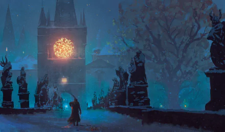 An HD desktop wallpaper of Bloodborne depicting a dark, atmospheric scene with a lone figure walking towards a towering building illuminated by an eerie orange light in a snowy, gothic landscape.