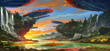 A vibrant fantasy landscape with floating rock formations, lush greenery, and a colorful sunset sky, designed as an HD PC desktop wallpaper and background.
