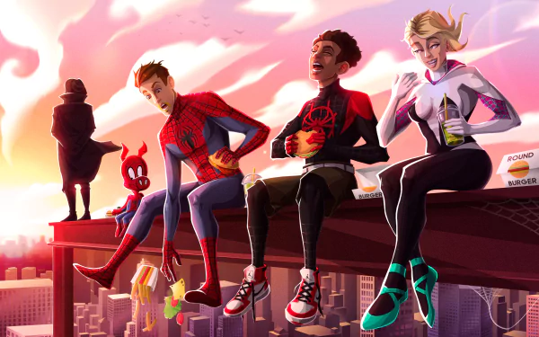 HD desktop wallpaper featuring Peter Parker, Spider-Man Noir, Spider-Ham, Spider-Gwen, and Miles Morales from Spider-Man: Into The Spider-Verse, sitting on a skyscraper ledge against a sunset background.